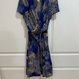 Blue Wrap Dress with Tan Floral Patterns